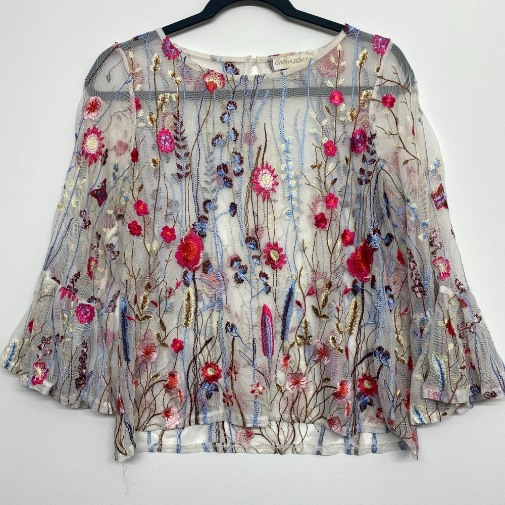 Cynthia Rowley mesh Embroidered Floral bell sleeve - Picture 1 of 7